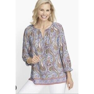 Talbots Garden Paisley Tie Neck Blouse XS Blue Peasant Boho Sheer Hippie Coastal